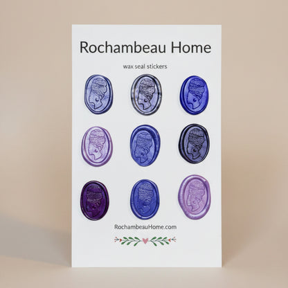 9 Pack Card of the Heritage Headwrap Wax Seal Stickers created by Rochambeau Home in a Purple Theme