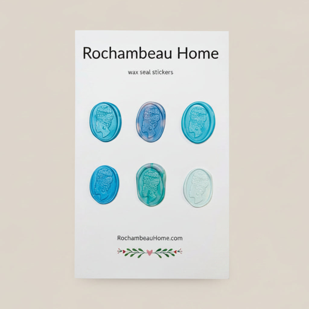 6 Pack Card of the Heritage Headwrap Wax Seal Stickers created by Rochambeau Home in a Blue Theme