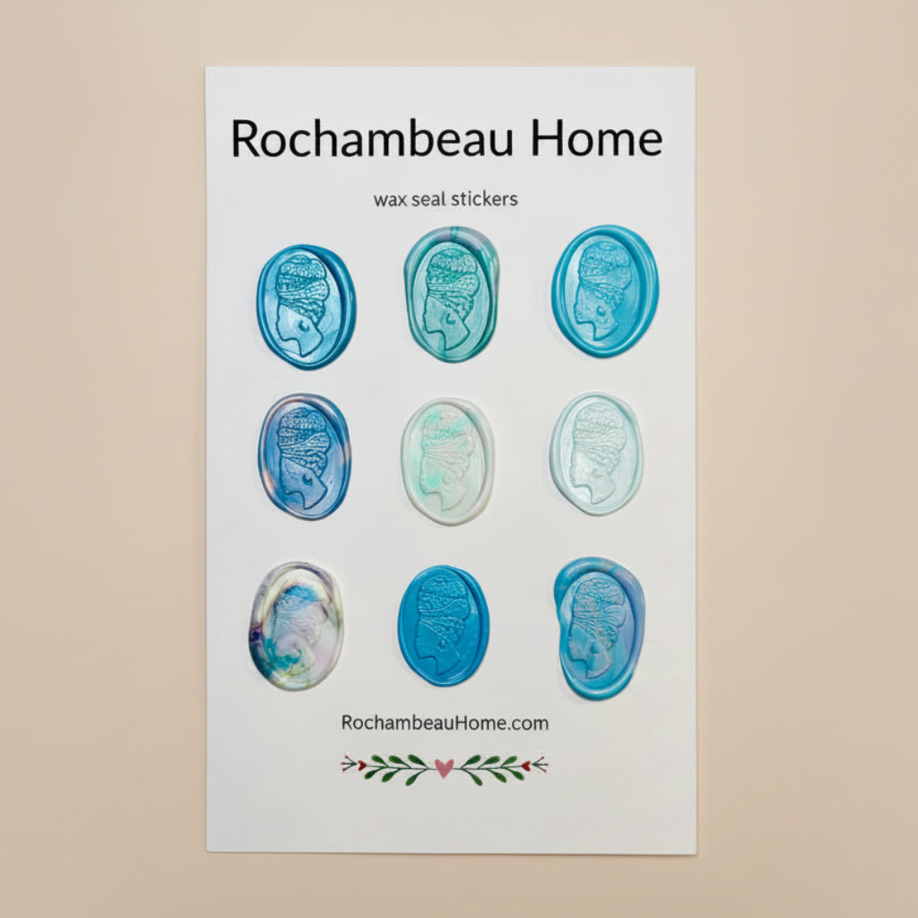 9 Pack Card of the Heritage Headwrap Wax Seal Stickers created by Rochambeau Home in a Blue Theme