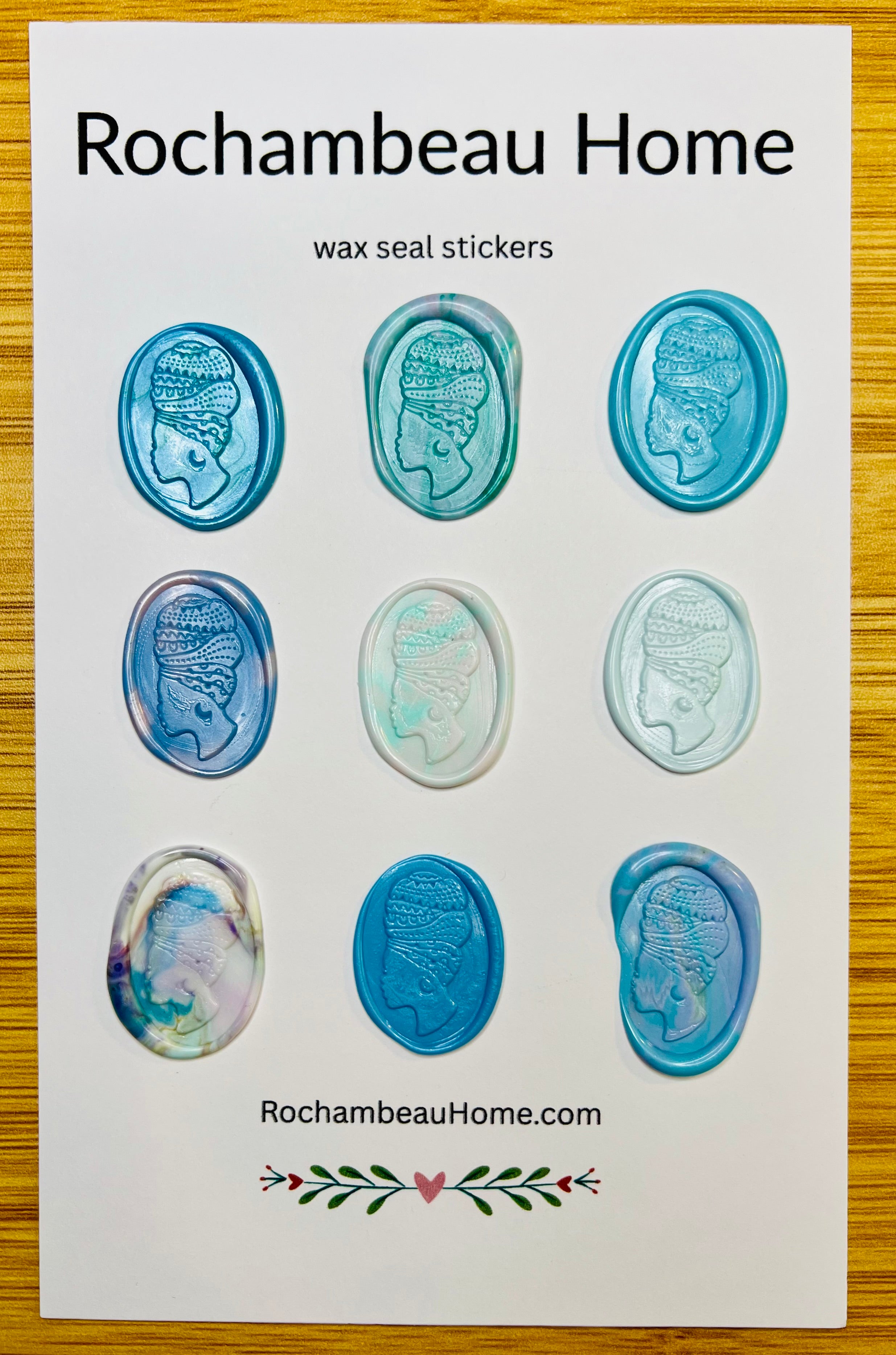 9 Pack Card of the Heritage Headwrap Wax Seal Stickers in a Blue Theme