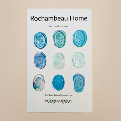 9 Pack Card of the Heritage Headwrap Wax Seal Stickers created by Rochambeau Home in a Blue Theme