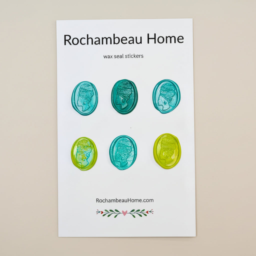 6 Pack Card of the Heritage Headwrap Wax Seal Stickers created by Rochambeau Home in a Green Theme
