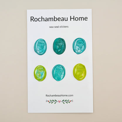 6 Pack Card of the Heritage Headwrap Wax Seal Stickers created by Rochambeau Home in a Green Theme