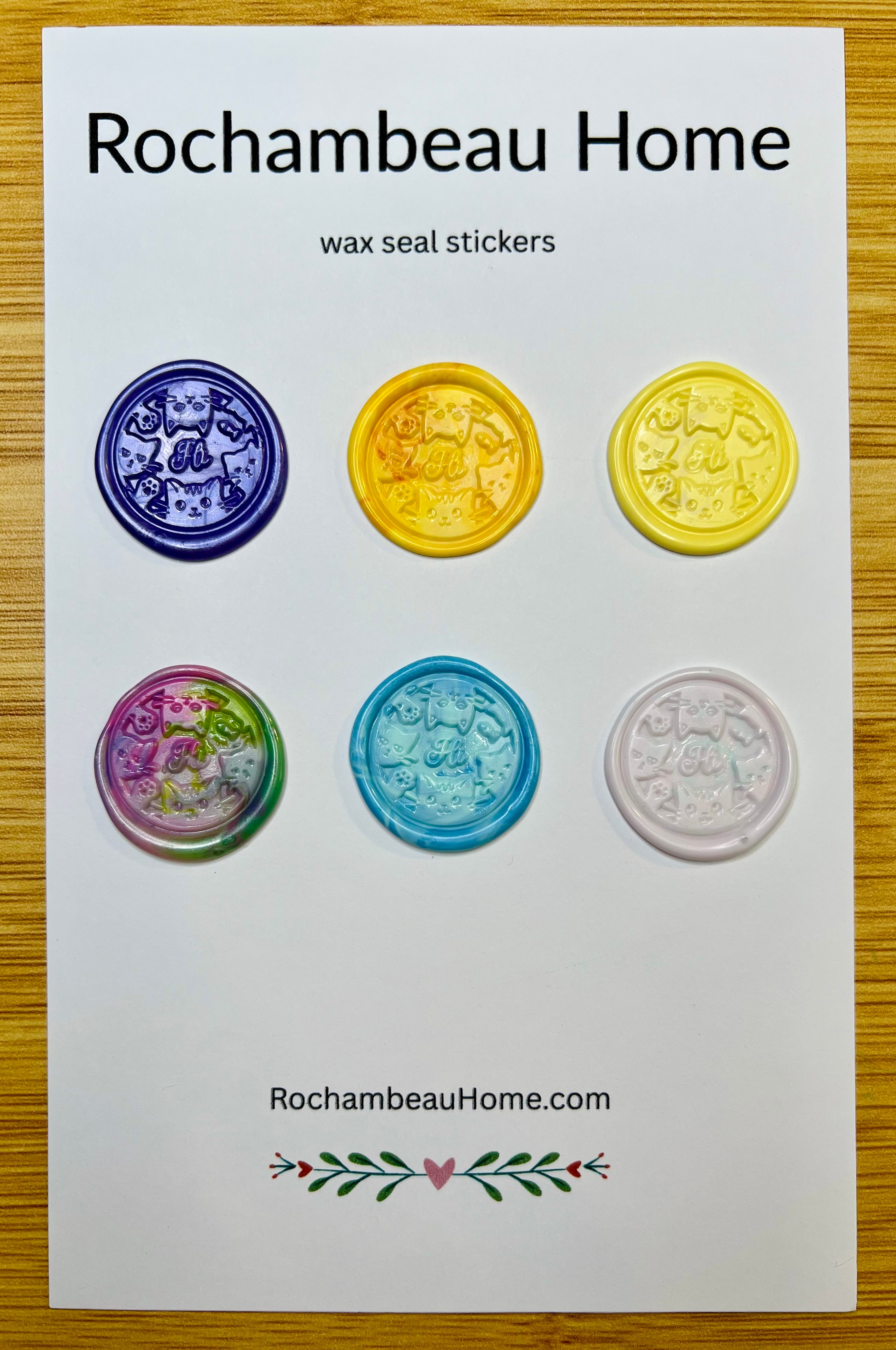 6 Pack Card of Hi Kitty Wax Seal Stickers on a Rochambeau Home display card
