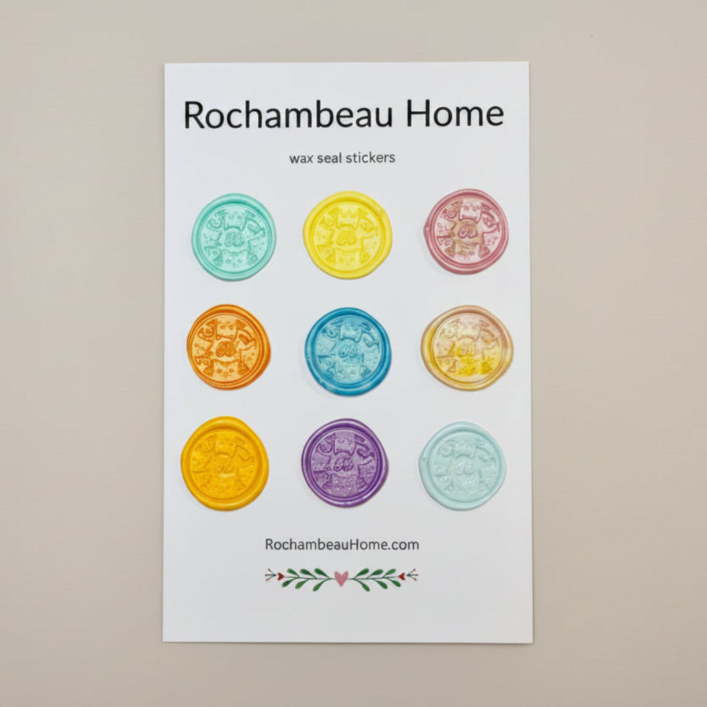 9 Pack Card of Hi Kitty Wax Seal Stickers in various colors on a display card for Rochambeau Home