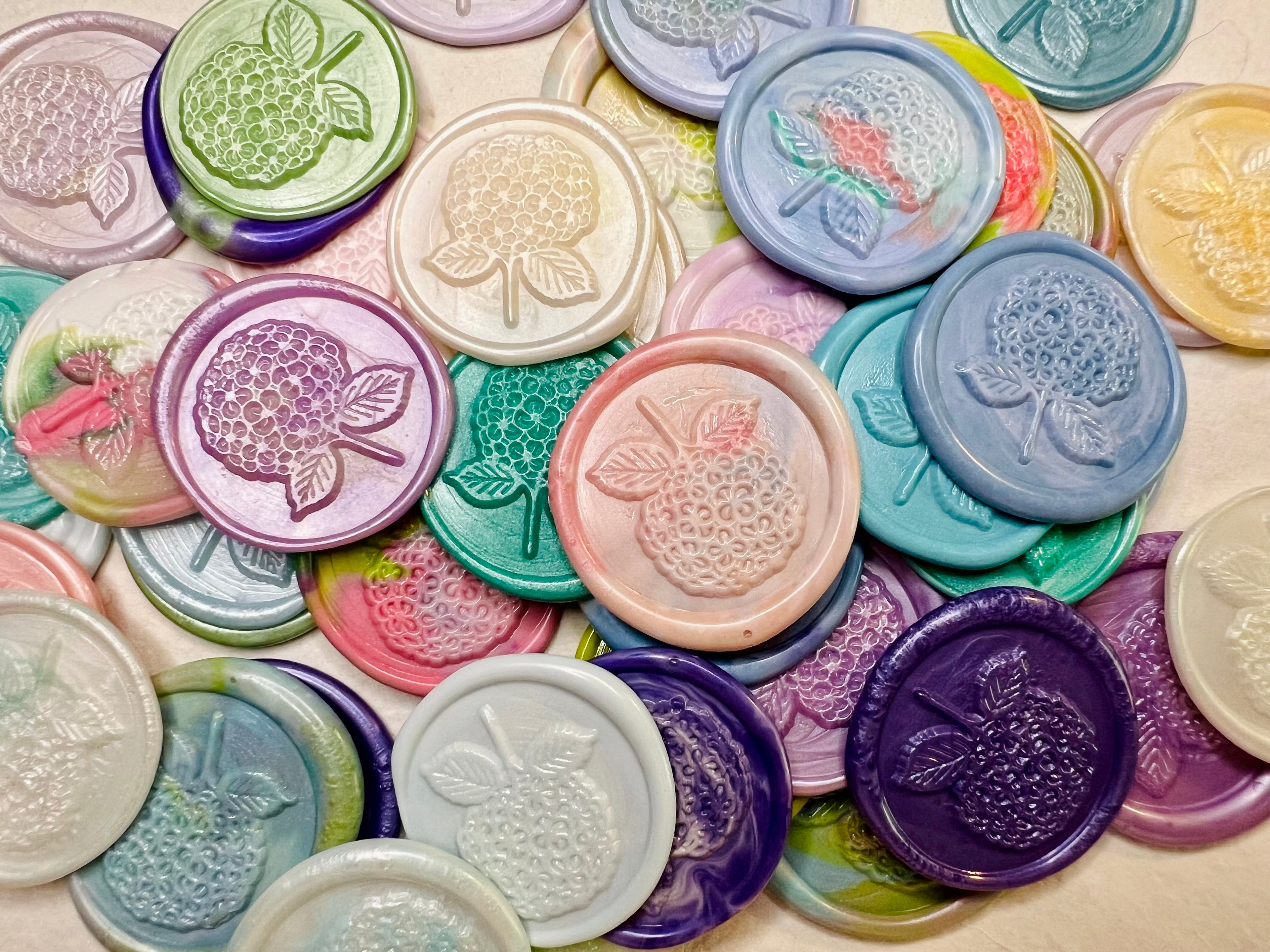Assorted Hydrangea Bloom Wax Seal Stickers in variou blue, purple, pink, and green wax colors