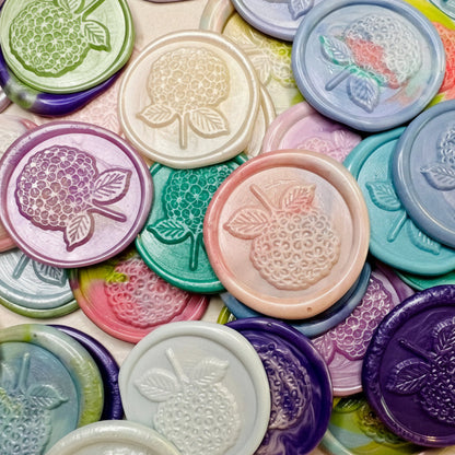 Assorted Hydrangea Bloom Wax Seal Stickers in variou blue, purple, pink, and green wax colors