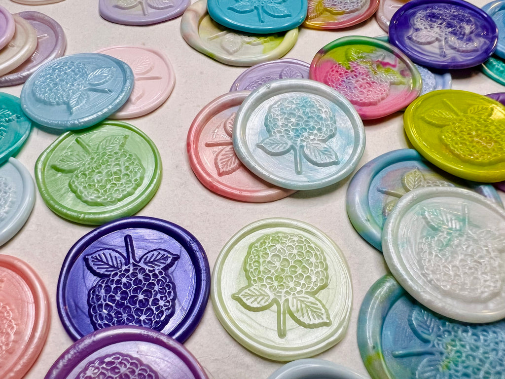 Close up view of the Hydrangea Bloom Wax Seal Stickers