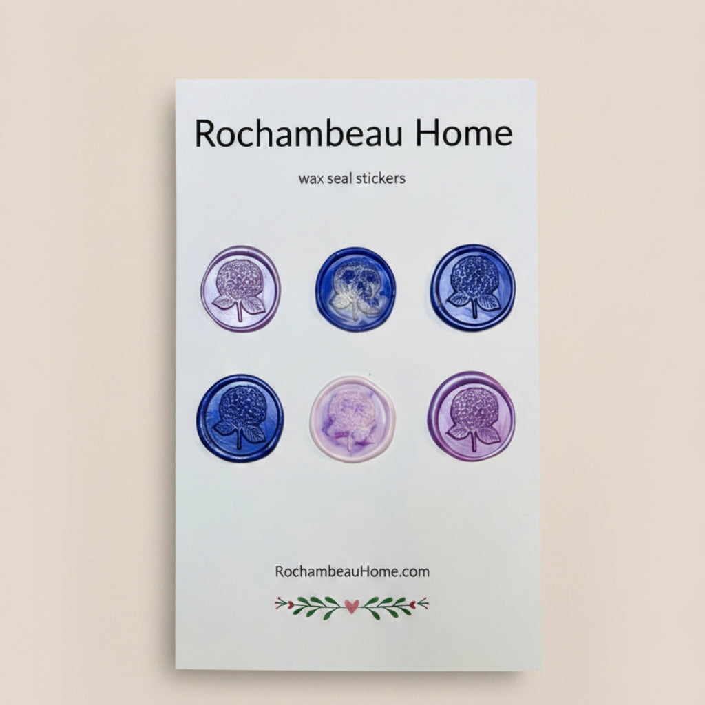 6 Pack Card of the Hydrangea Bloom Wax Seal Stickers created by Rochambeau Home in a Purple Theme