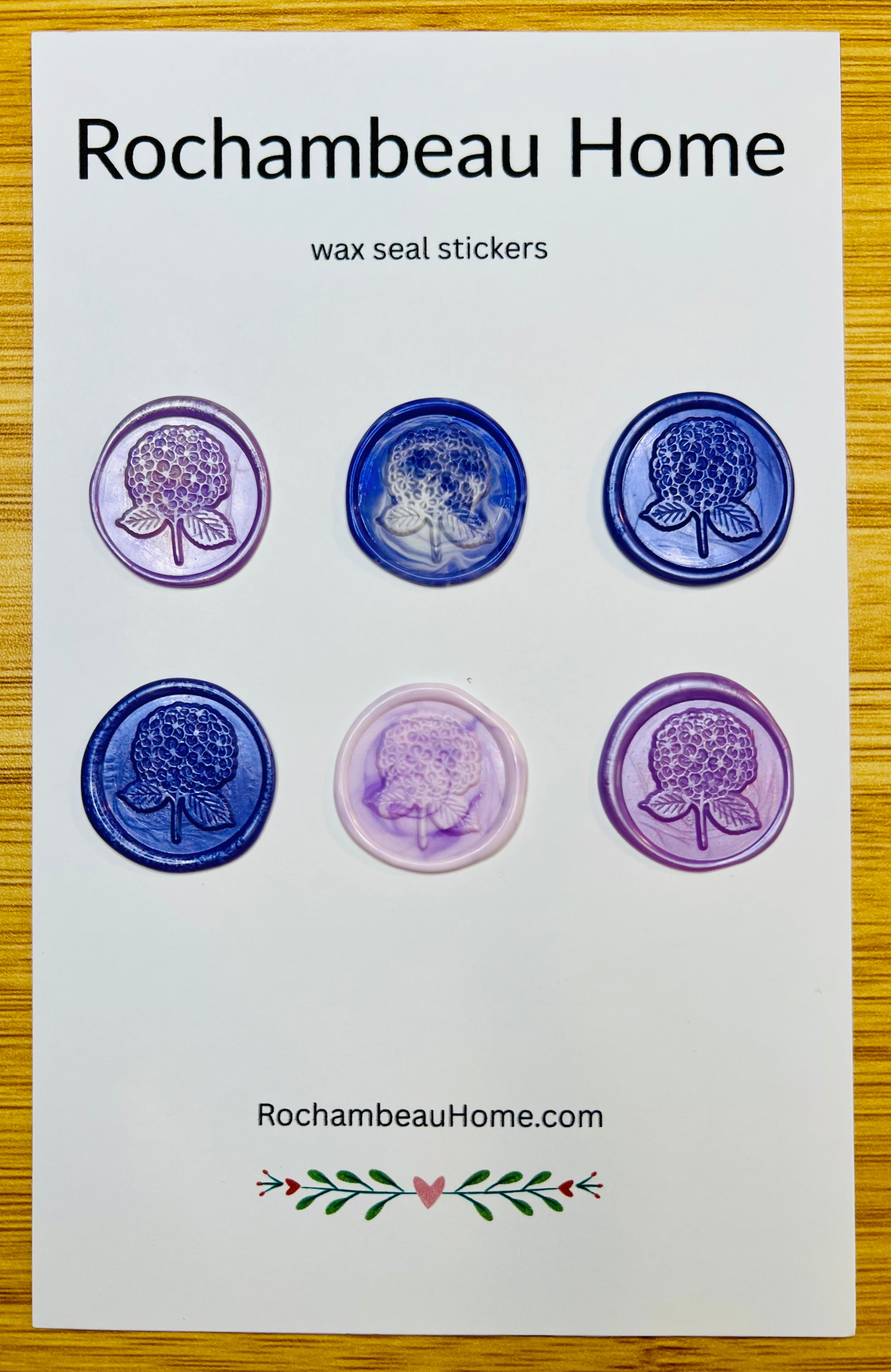 6 Pack Card of the Hydrangea Bloom Wax Seal Stickers in a Purple Theme