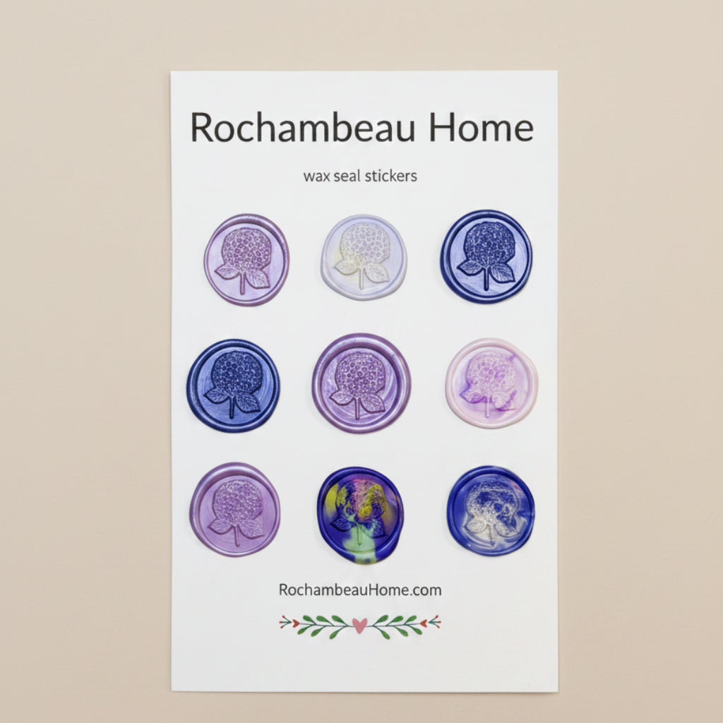9 Pack Card of the Hydrangea Bloom Wax Seal Stickers created by Rochambeau Home in a Purple Theme