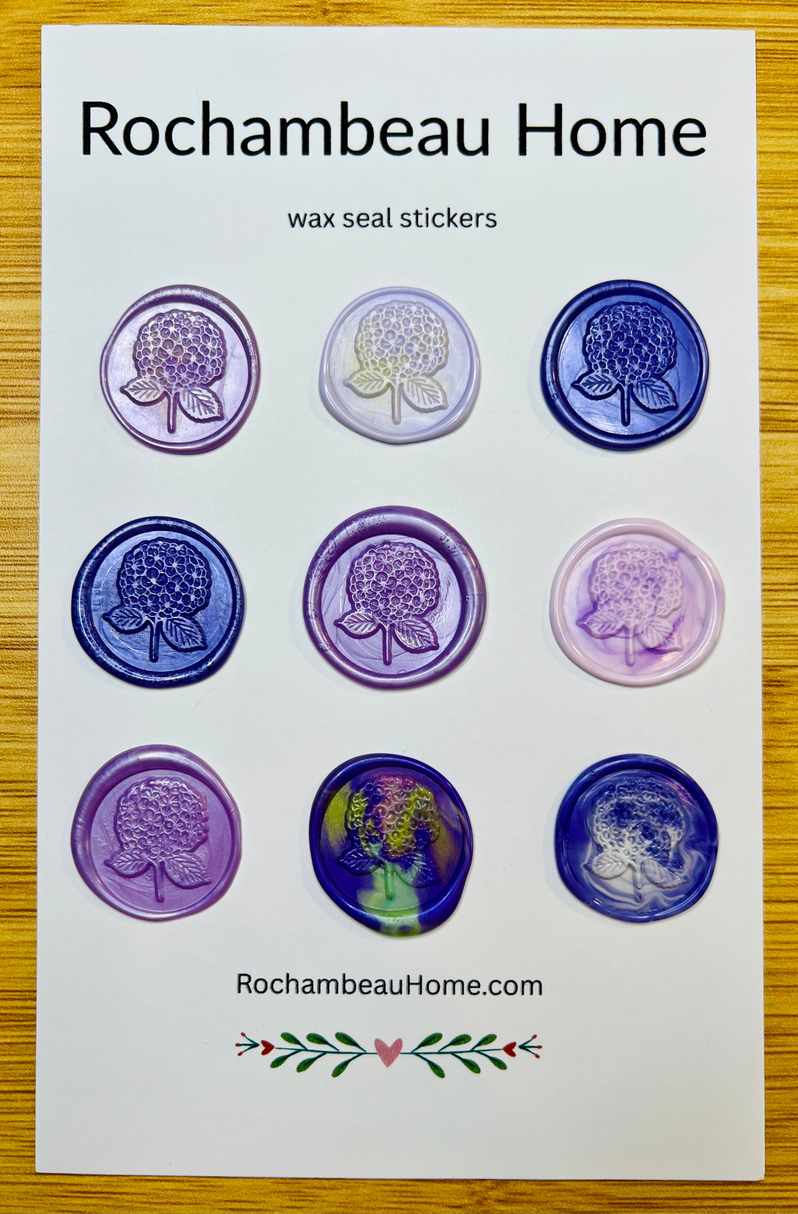 9 Pack Card of the Hydrangea Bloom Wax Seal Stickers in a Purple Theme