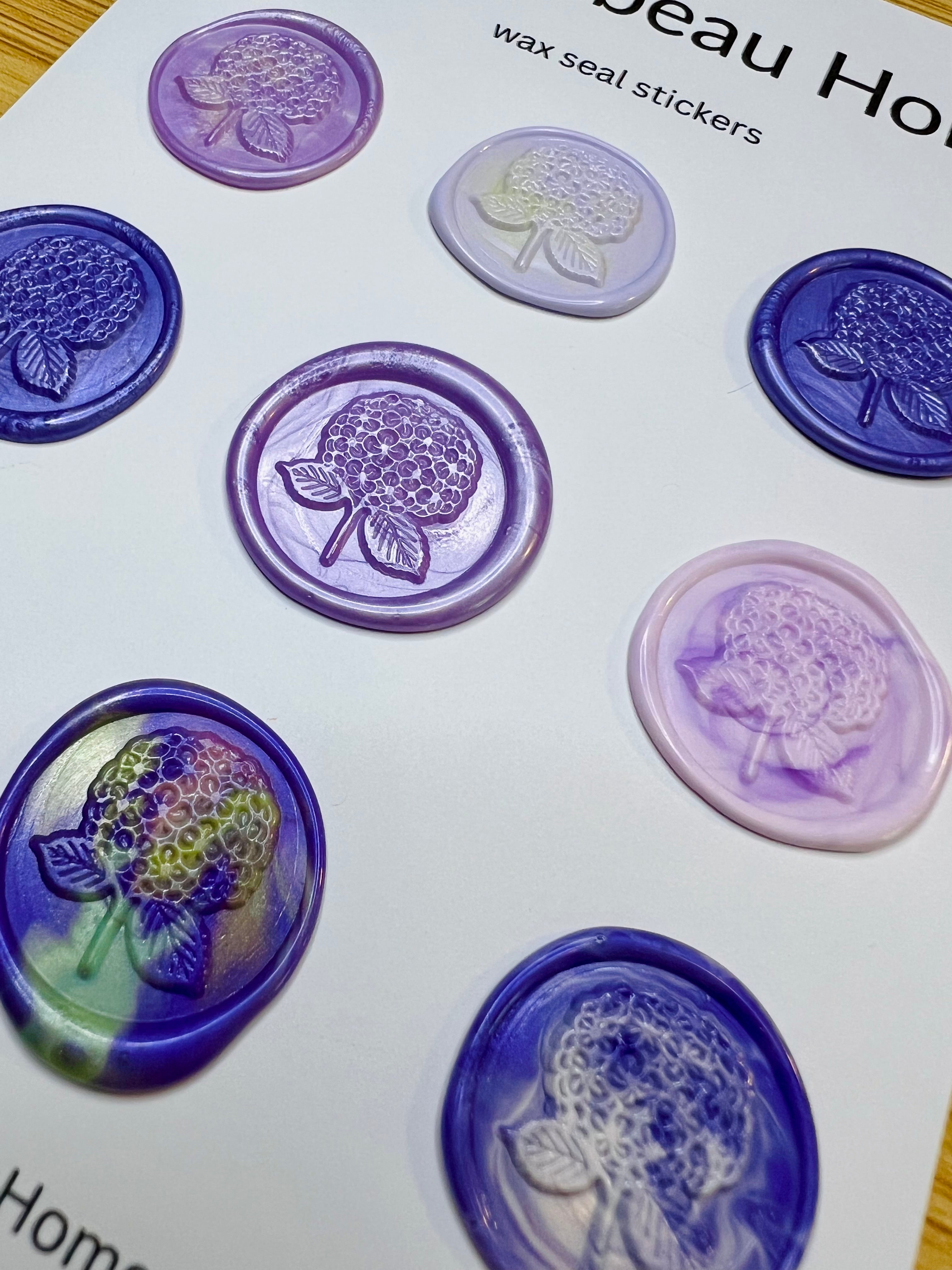 Side angle view of the 6 Pack Card of the Hydrangea Bloom Wax Seal Stickers in a Purple Theme