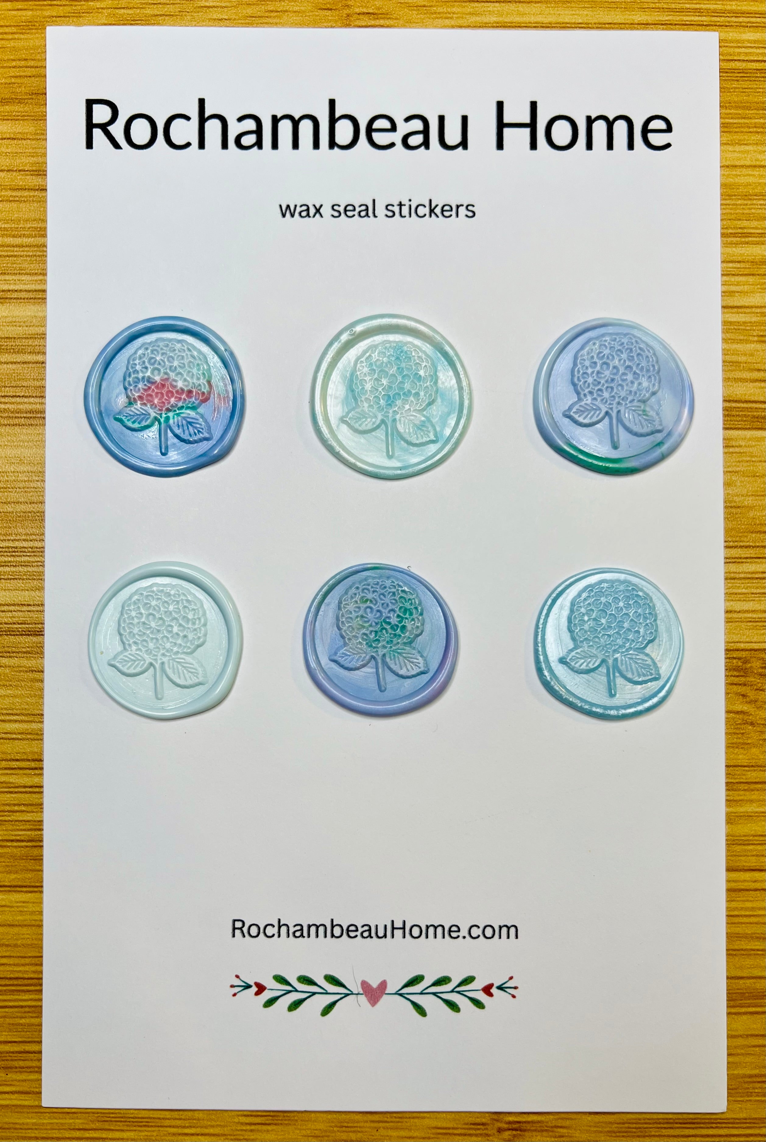 6 Pack Card of the Hydrangea Bloom Wax Seal Stickers in a Blue Theme