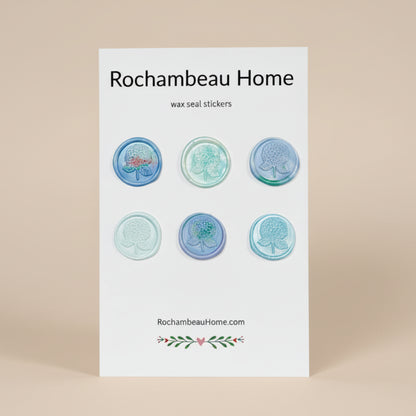 6 Pack Card of the Hydrangea Bloom Wax Seal Stickers created by Rochambeau Home in a Blue Theme