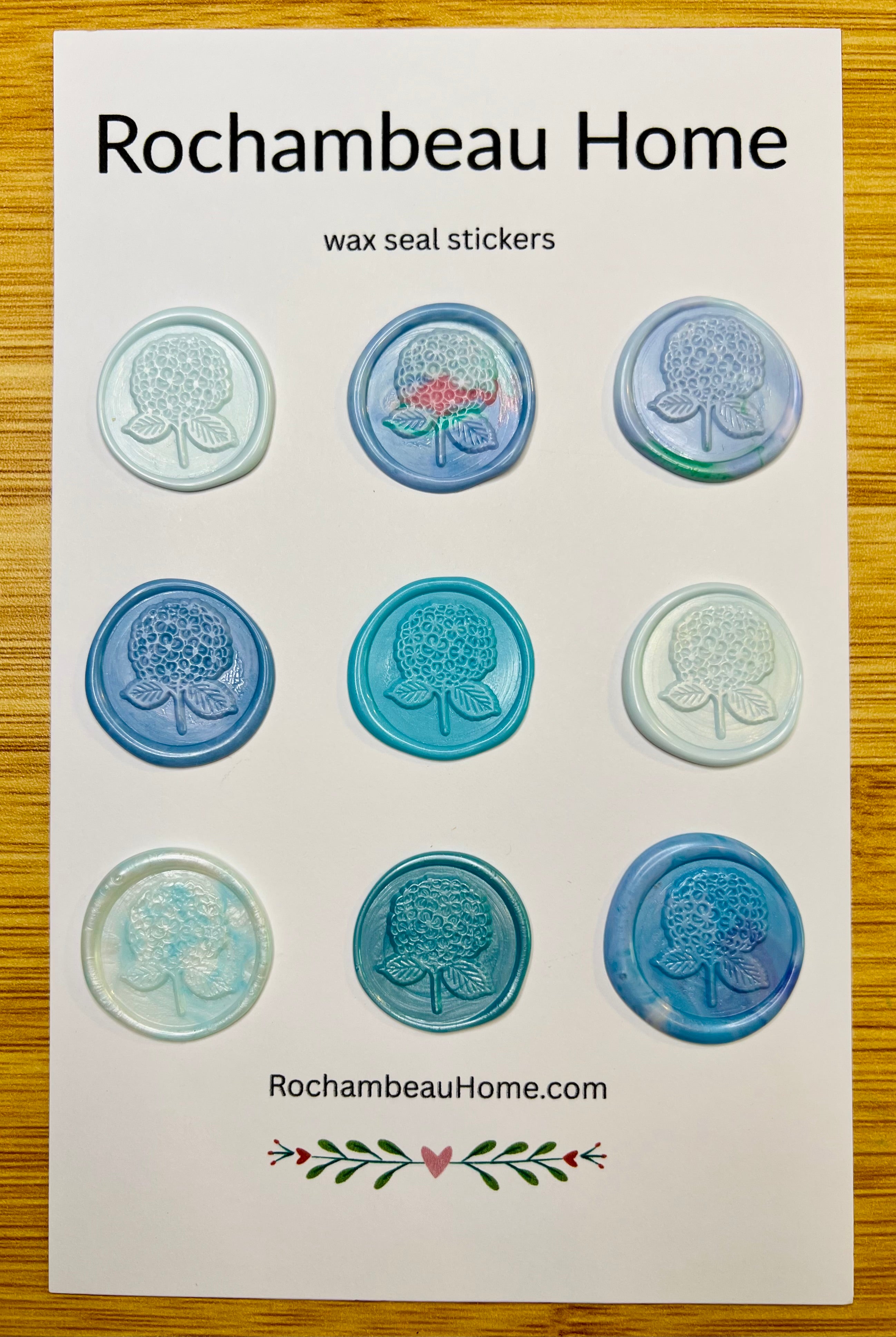 9 Pack Card of the Hydrangea Bloom Wax Seal Stickers in a Blue Theme