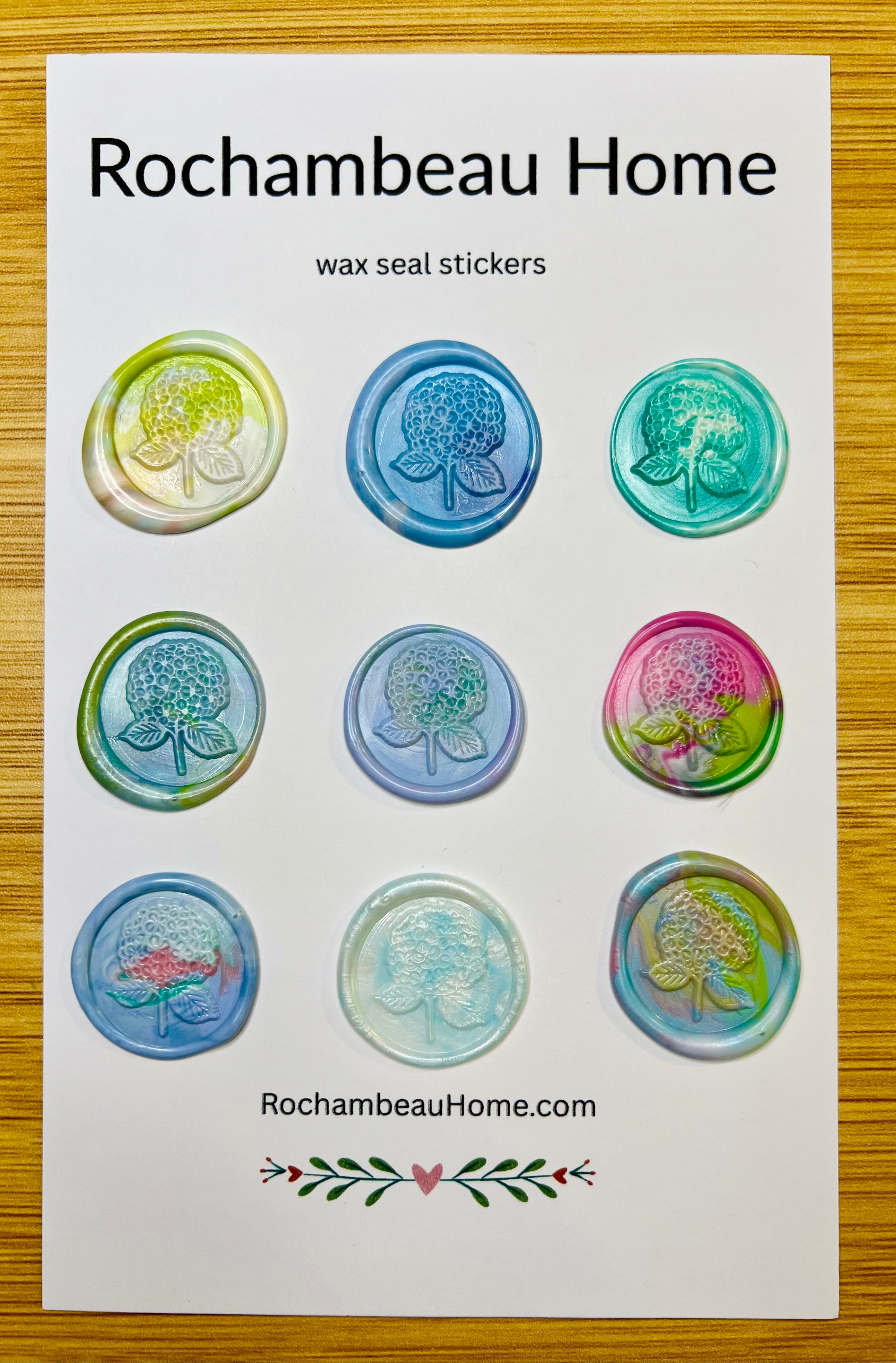 9 Pack Card of the Hydrangea Bloom Wax Seal Stickers in a Multicolor Theme