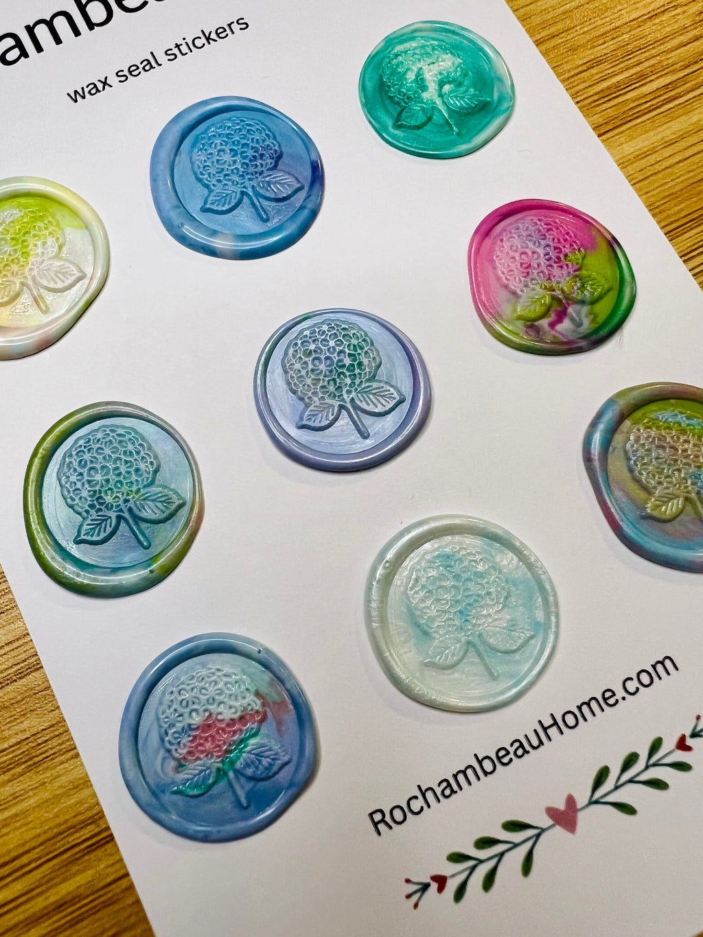 Close up side view of the Hydrangea Bloom Wax Seal Stickers in a Multicolor Theme