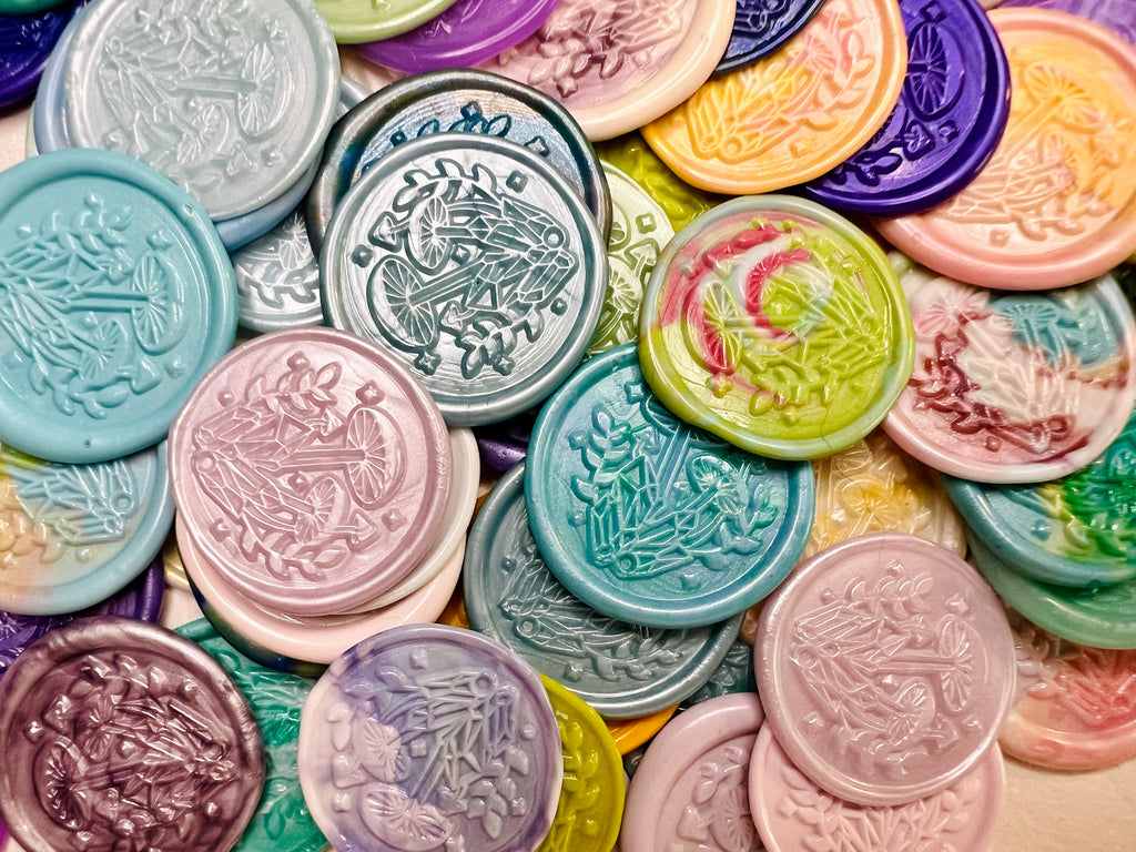 Colorful wax seal stickers with intricate designs of mushrooms and crystals - peel, stick, and apply