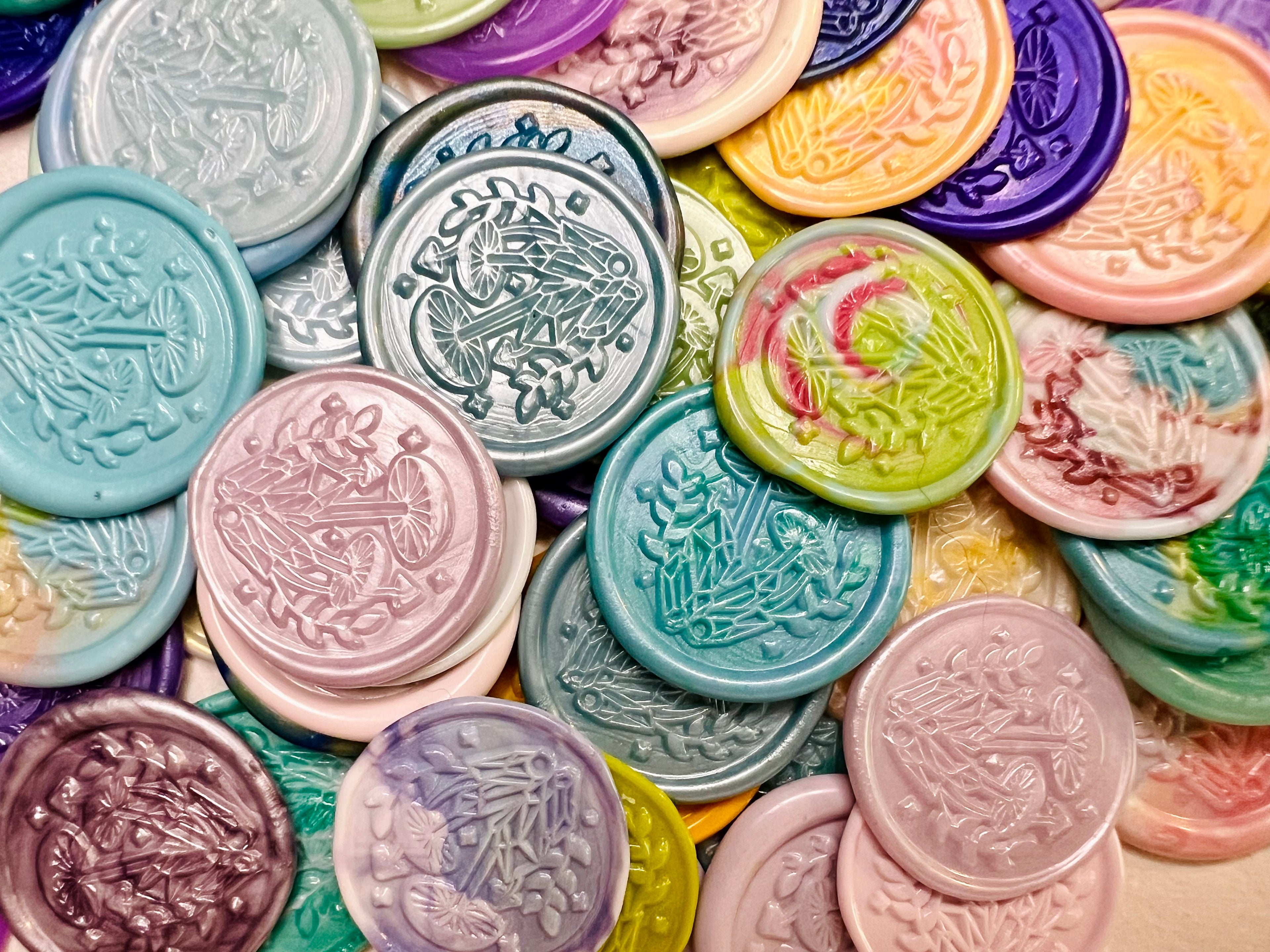 Colorful wax seal stickers with intricate designs of mushrooms and crystals - peel, stick, and apply