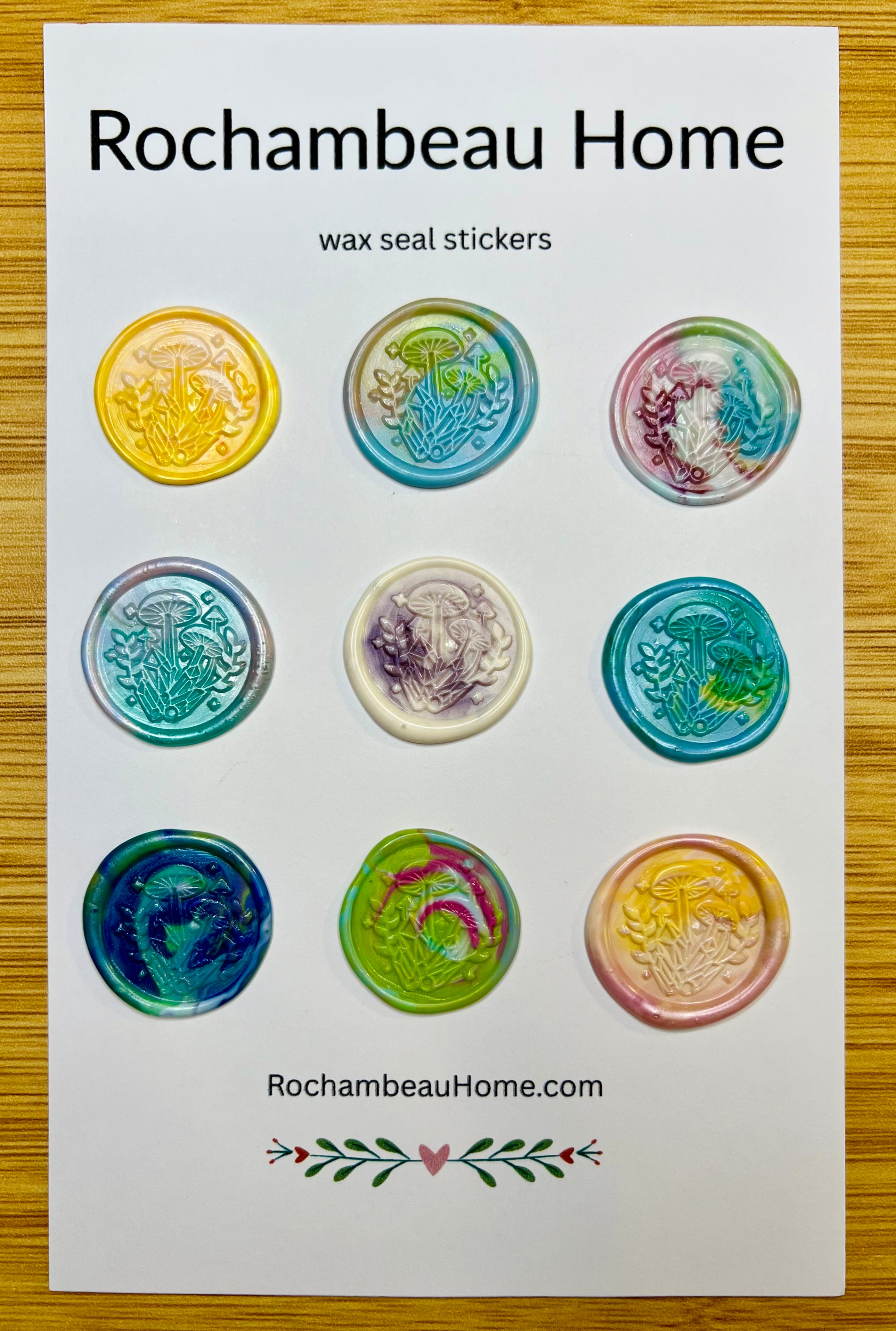Set of wax seal stickers by Rochambeau Home on a white card with brand name.