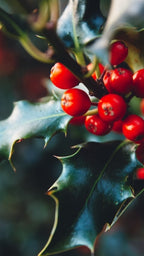 Close-up of red Holly Tree berries and green leaves on a branch