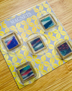 Set of four square wax seal magnets handcrafted by Rochambeau Home on a patterned card labeled 'MAGNETS'.