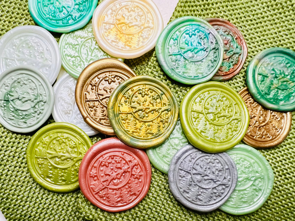 Santa dashing through the snow in his sleigh with reindeer in various colors on a green burlap bag