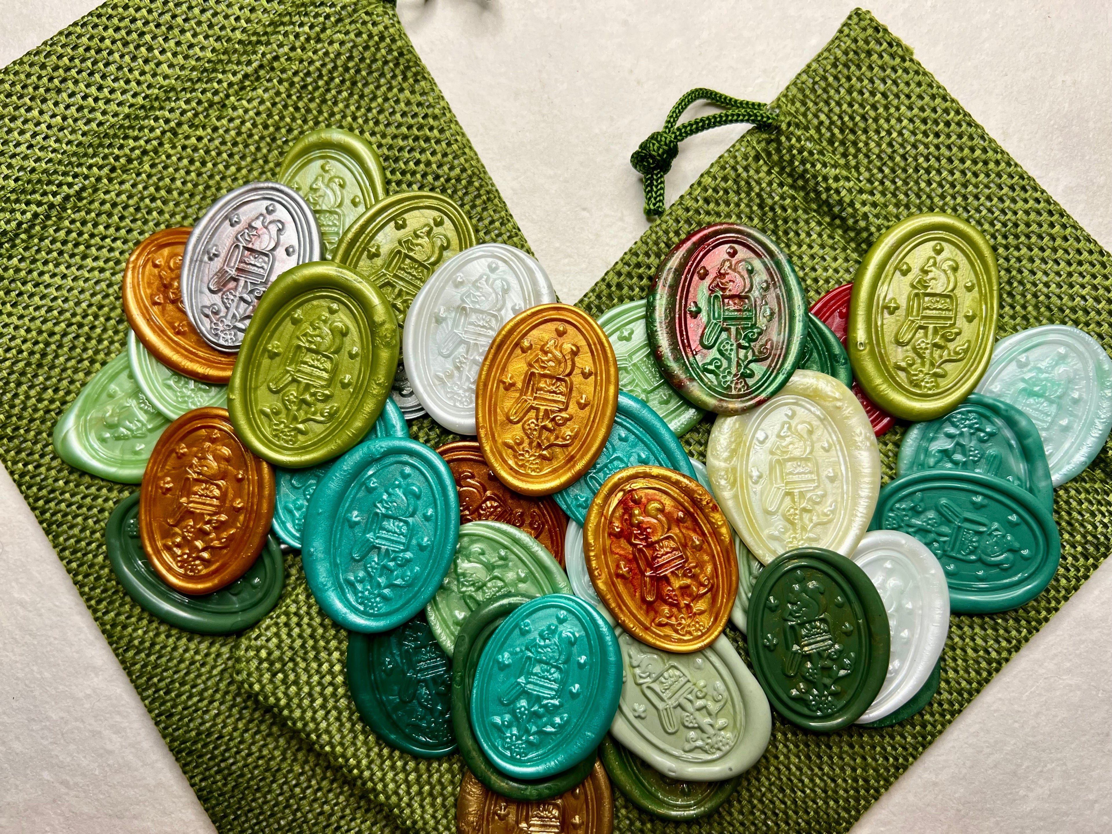 Festive Squirrel Mail Christmas Wax Seal Stickers created by Rochambeau Home on green burlap bags