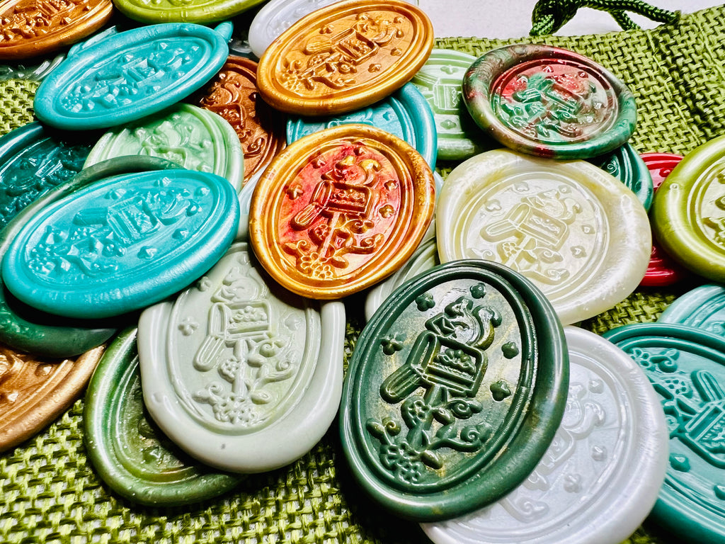 Close up view of the Squirrel Mail Christmas Wax Seal Stickers for gift tags or snail mail.