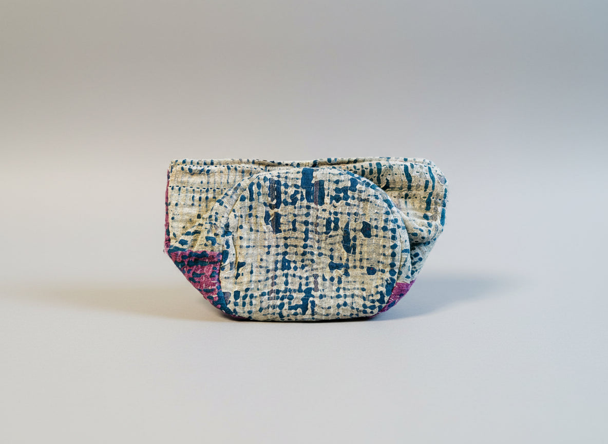 Multicolor Kantha basket in various colors and textures of fabrics on a neutral background.