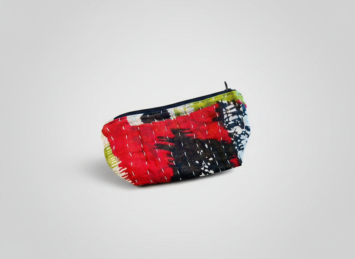 Medium Kantha zippered pouch with various colors and geometric designs on a neutral background.