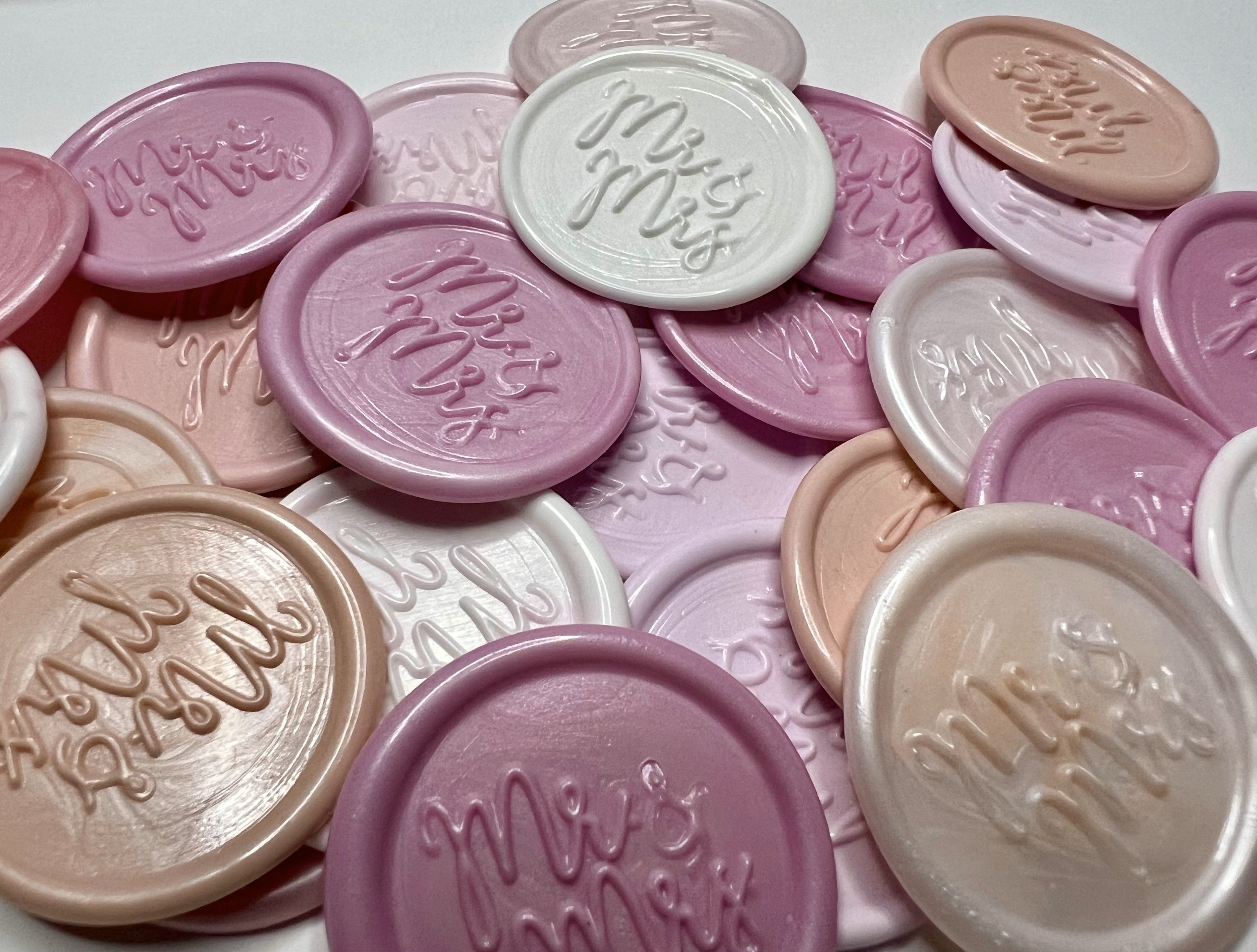 Soft pink "Mr. & Mrs." wax seal stickers for wedding invitations and save-the-dates
