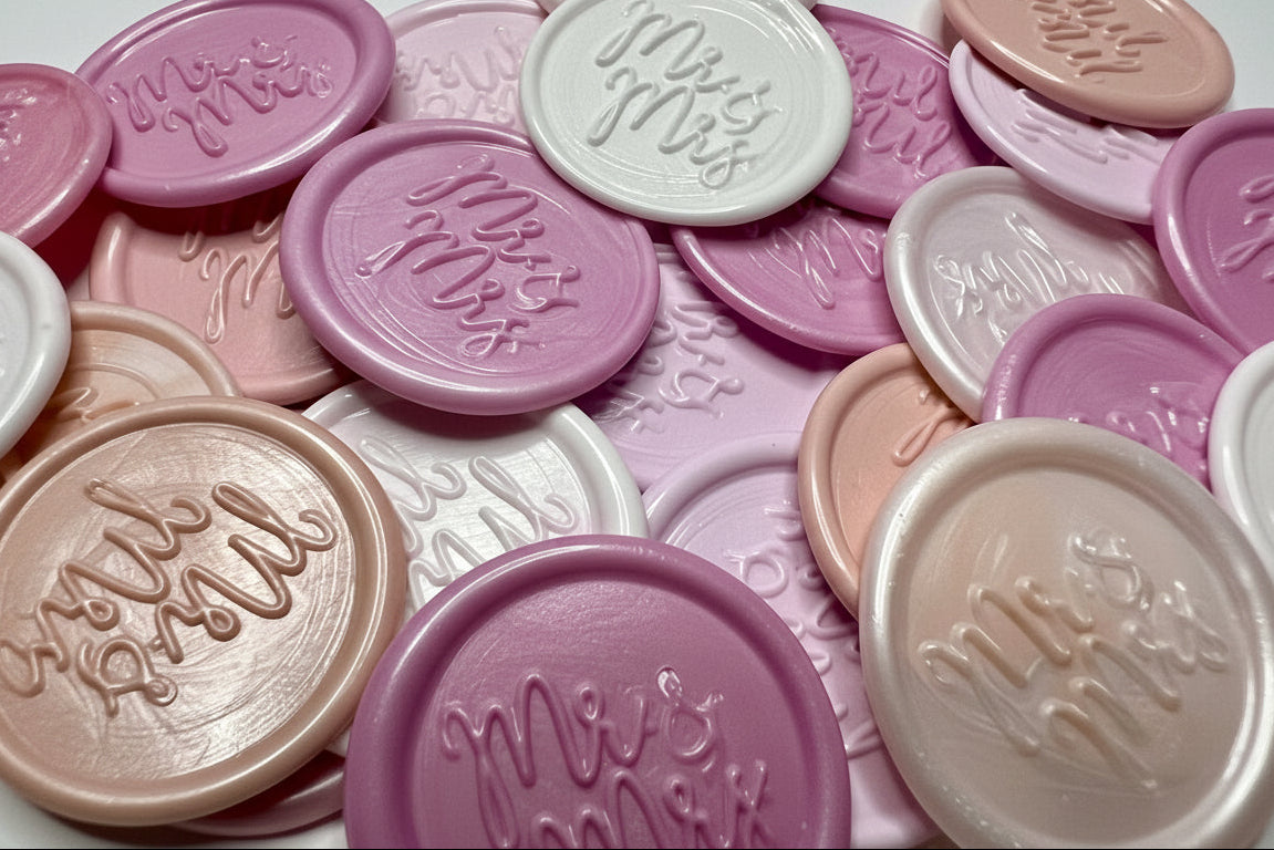 Collection of pink “Mr & Mrs” embossed wax seal stickers by Rochambeau Home, designed for weddings and customizable to match your event theme.
