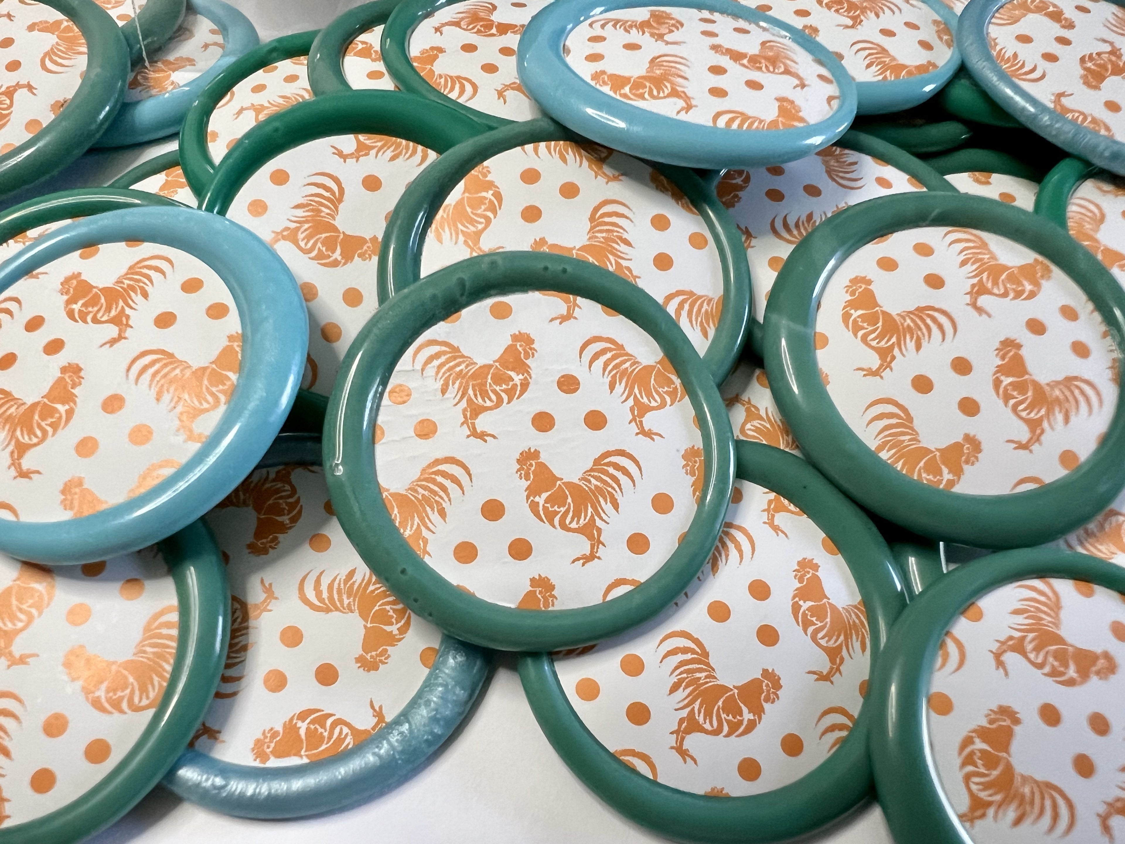 Handcrafted chicken wax seals with peel-and-stick backs, full of feathered flair.