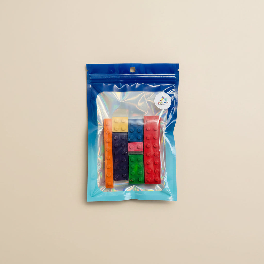 Colorful Lego inspired repurposed crayons, created by Spectrum Color Creations on a white background
