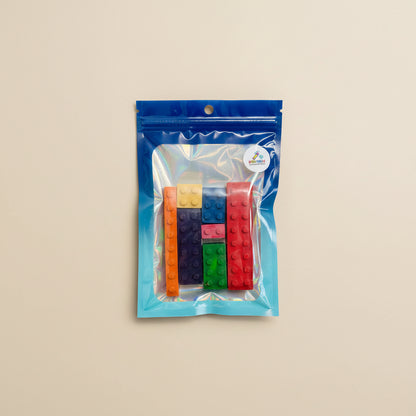 Colorful Lego inspired repurposed crayons, created by Spectrum Color Creations on a white background