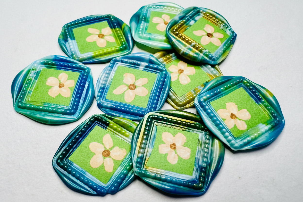 Repurposed paper turned into magical floral wax seal stickers created by Rochambeau Home. 