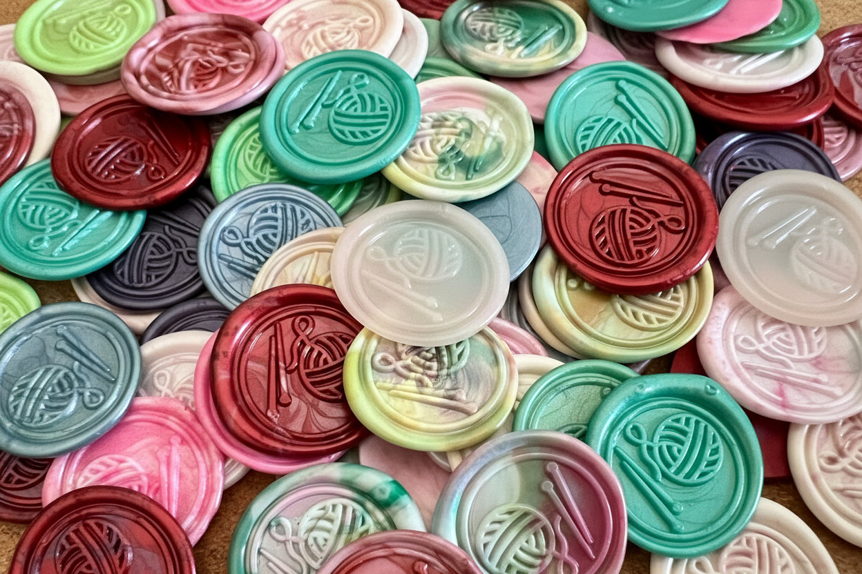 Collection of colorful wax seal stickers created by Rochambeau Home, embossed with knitting needles and yarn in various colors.