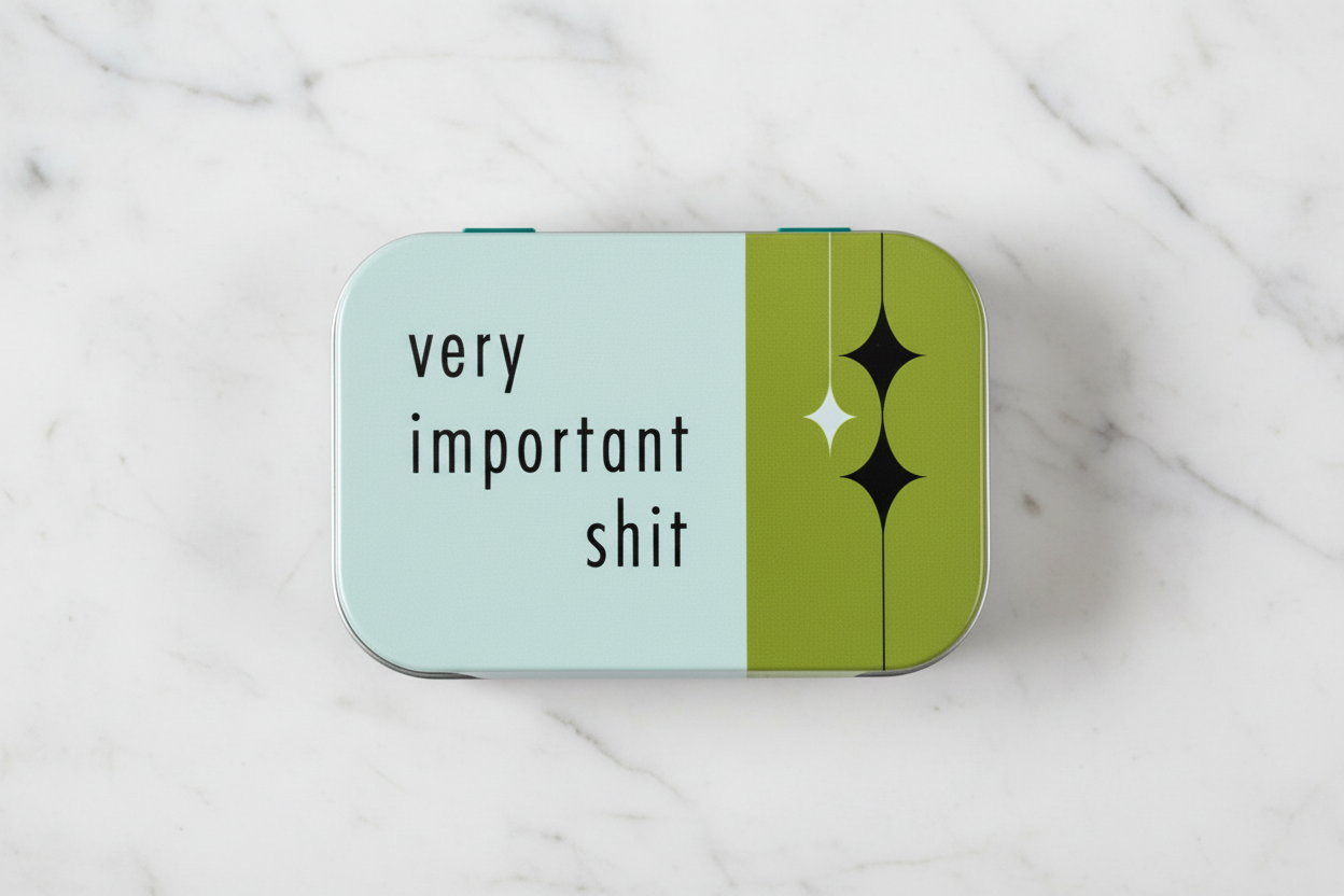 Small rectangular container with text 'very important shit' on a white background