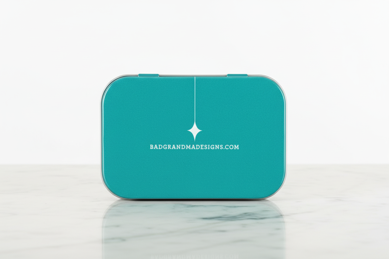 Teal rectangular box with a white logo and text on a white background