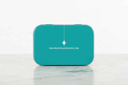 Teal rectangular box with a white logo and text on a white background