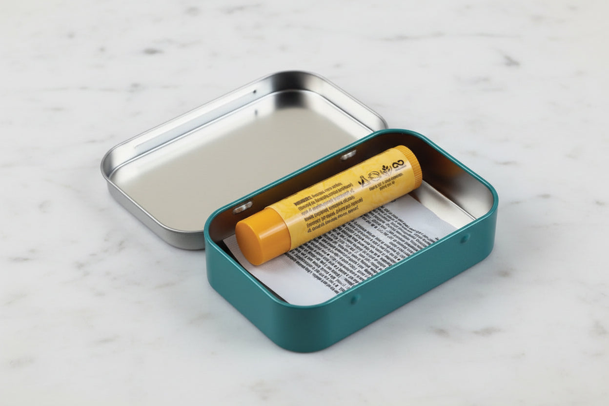 Small metal tin with a yellow chapstick and medication wrapper inside on a white background