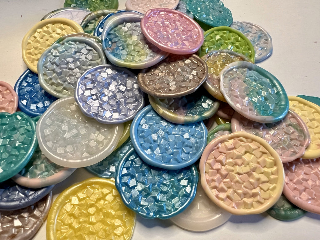 Colorful wax seal stickers with a crystalline texture, inspired by vibrant rock candy treats