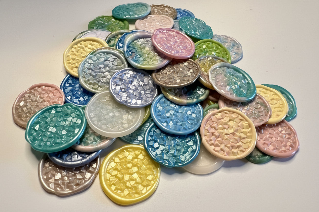Colorful wax seal stickers with a crystalline texture, inspired by vibrant rock candy treats and created by Rochambeau Home.