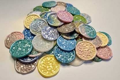 Colorful wax seal stickers with a crystalline texture, inspired by vibrant rock candy treats and created by Rochambeau Home.