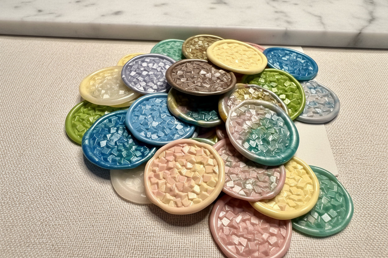 Glittery wax seals resembling crystallized candy, perfect for birthday cards and celebrations.