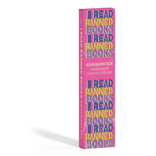 Bookmark box labeled “I Read Banned Books” with bold typography and literary graphics
