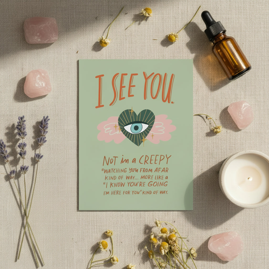 Card with 'I See You' text flat lay on a neutral textured background