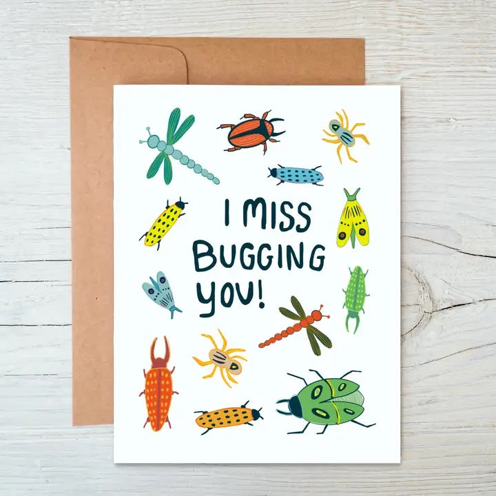 "I Miss Bugging You!" greeting card with charming bugs